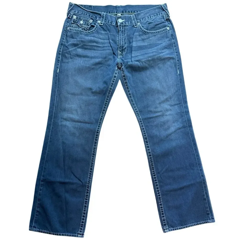 True Religion Ricky Mens Size 40 Straight Leg Jeans Blue Denim Contrast Stitch